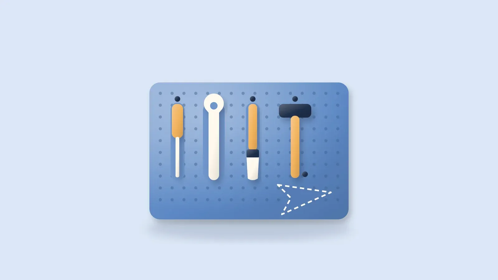 Pegboard of hanging tools with one empty paper plane shaped outline