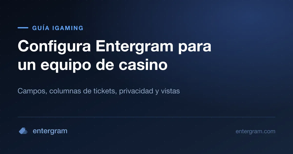 Lista de configuración de un equipo de casino o iGaming en Entergram, de las cuentas al SLA y la analítica
