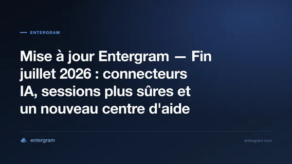 Mise à jour Entergram fin juillet 2026 — connecteurs IA, sessions plus sûres et nouveau centre d'aide