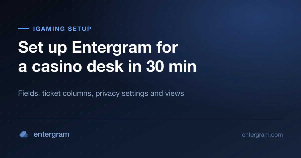 Setup checklist for a casino or iGaming desk in Entergram, from accounts to SLA and analytics