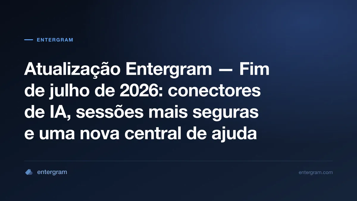Atualização Entergram fim de julho de 2026 — conectores de IA, sessões mais seguras e nova central de ajuda