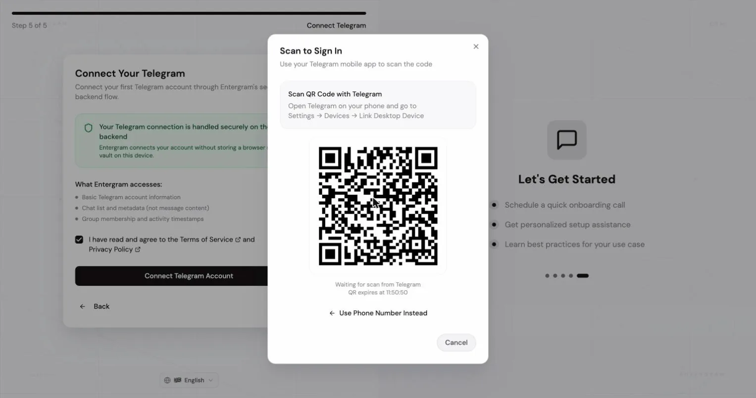Scanning the QR code in the Connect Telegram dialog