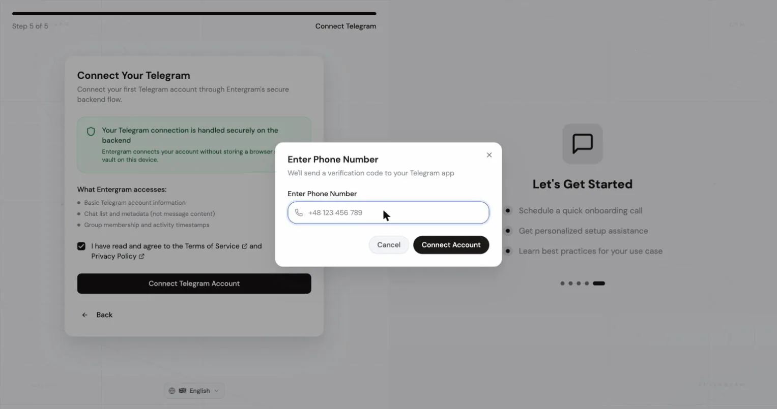 Entering a phone number in the Connect Telegram dialog