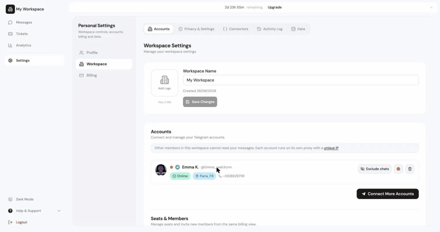 The Accounts settings page showing a successfully connected Telegram account