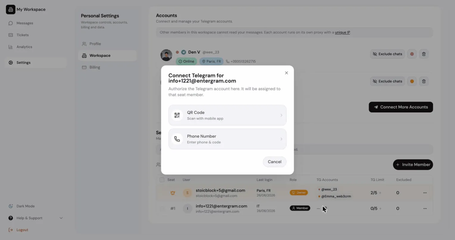 Connecting a Telegram account for a specific seat member from the members table