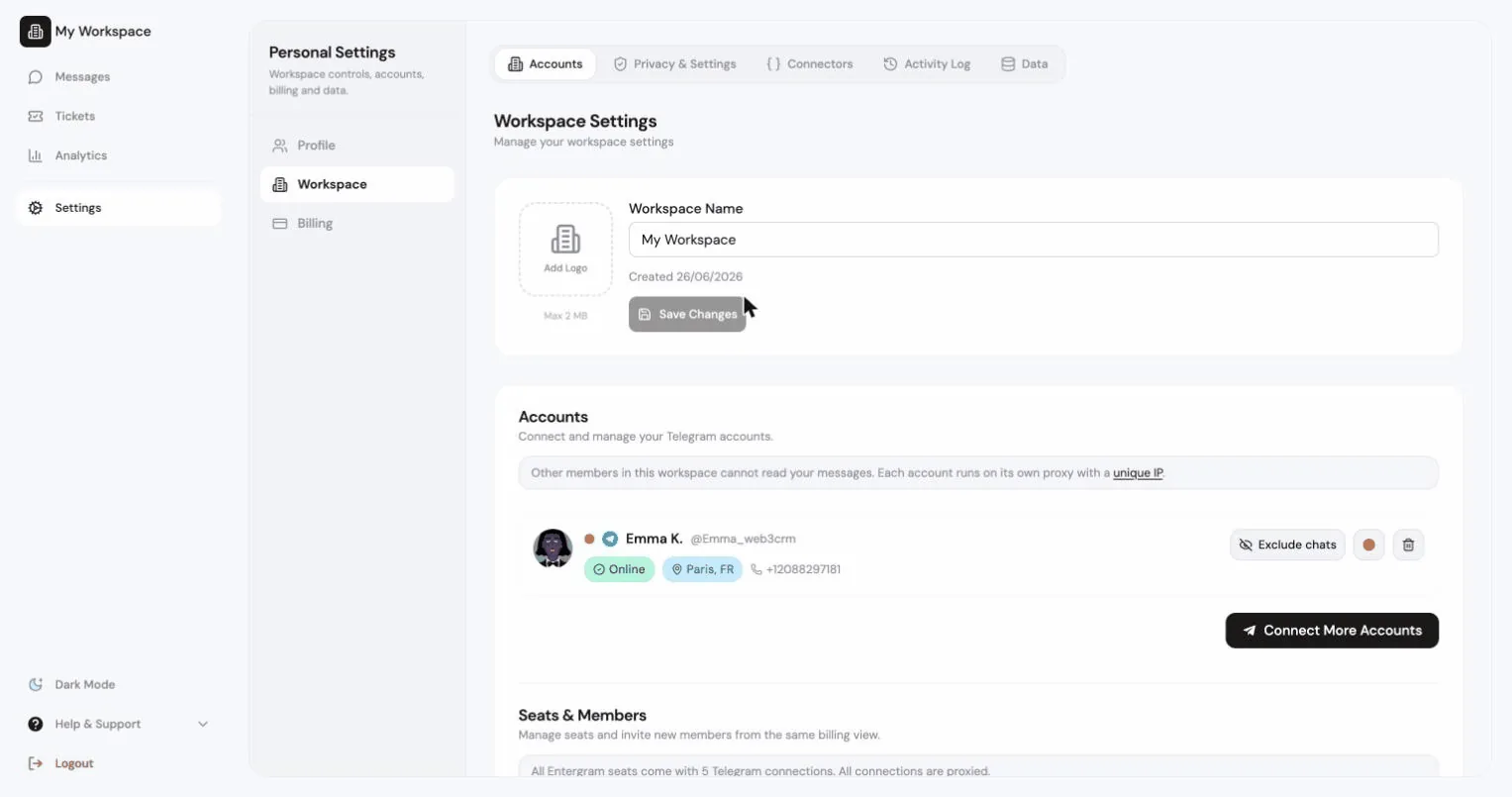 Workspace identity panel with name, logo upload and workspace ID