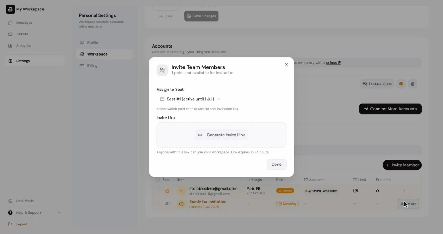 Invite Team Members dialog with Assign to Seat and Generate Invite Link