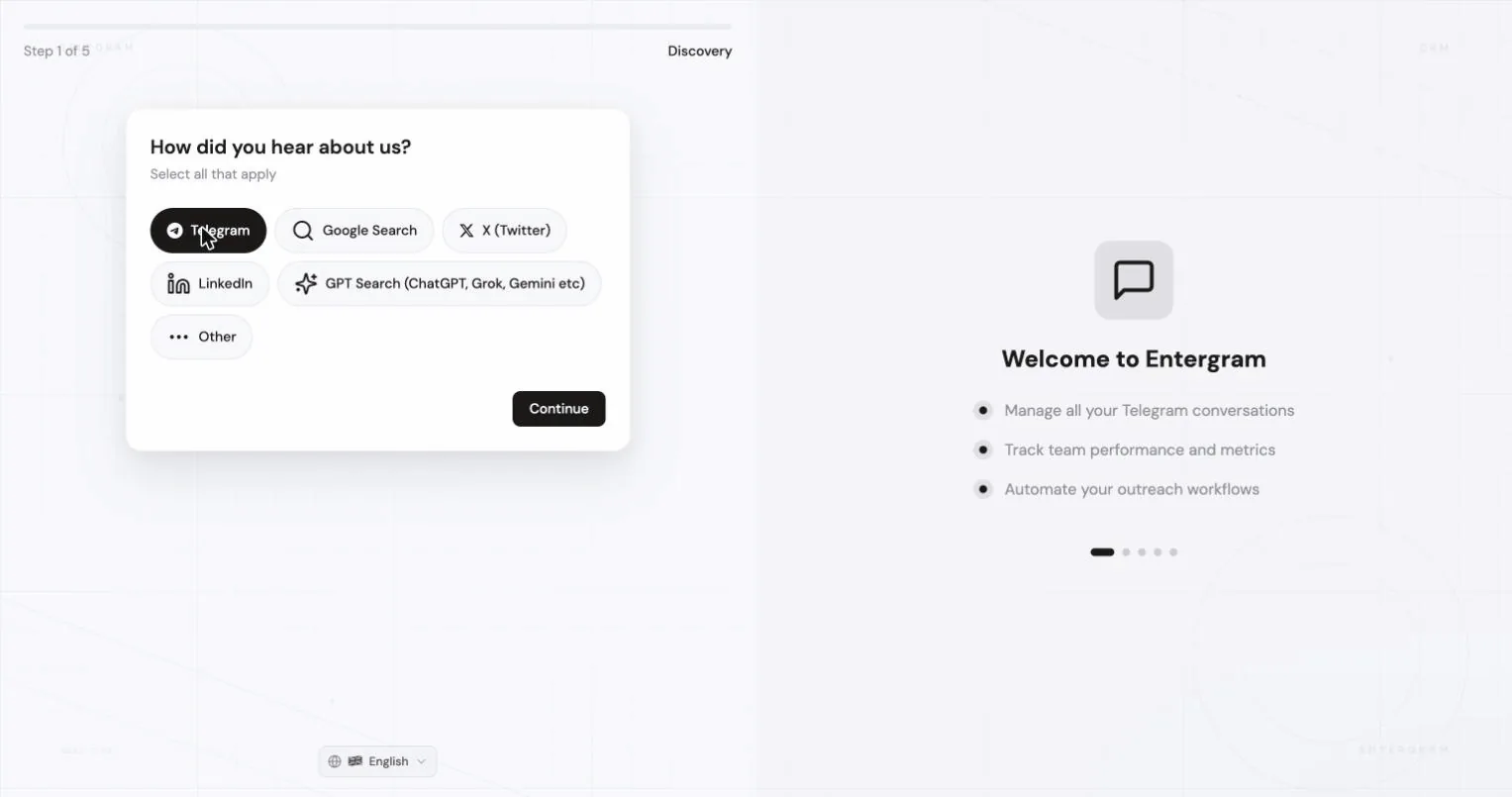 Onboarding step: how did you hear about Entergram