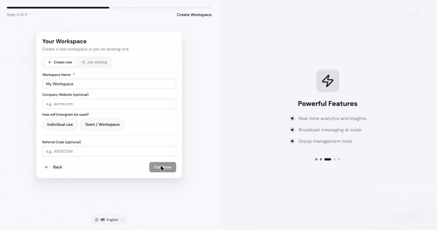 Onboarding step: connect your first Telegram account