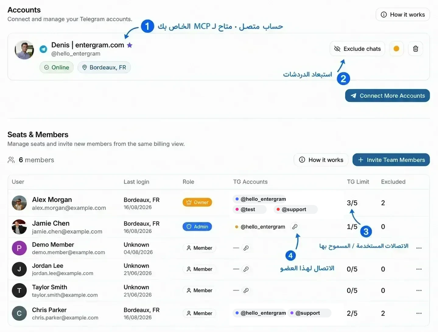 إعدادات الحسابات والمقاعد والأعضاء مع شروح توضح أي الاتصالات متاحة لـ MCP وأين تُدار الاستبعادات والحدود