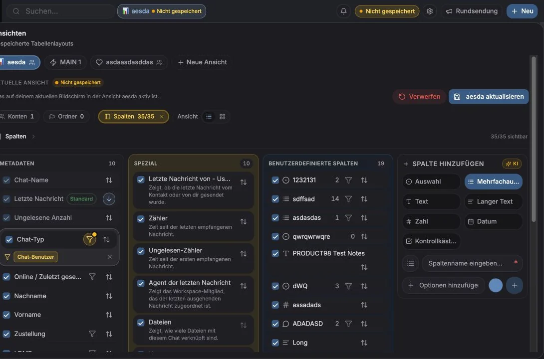 Übersicht der aktuellen Ansicht mit aktiven Spalten, Filtern, Sortierung, Konten und Layout