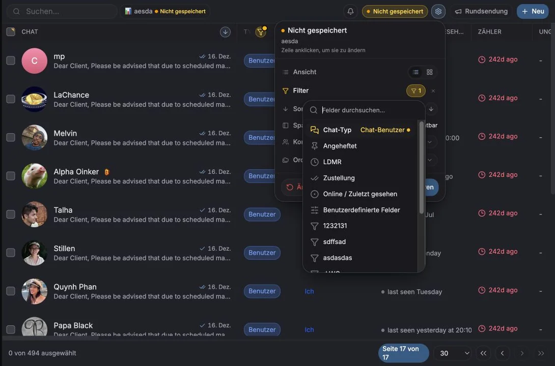 Menü Filter hinzufügen mit den verfügbaren CRM-Filtergruppen