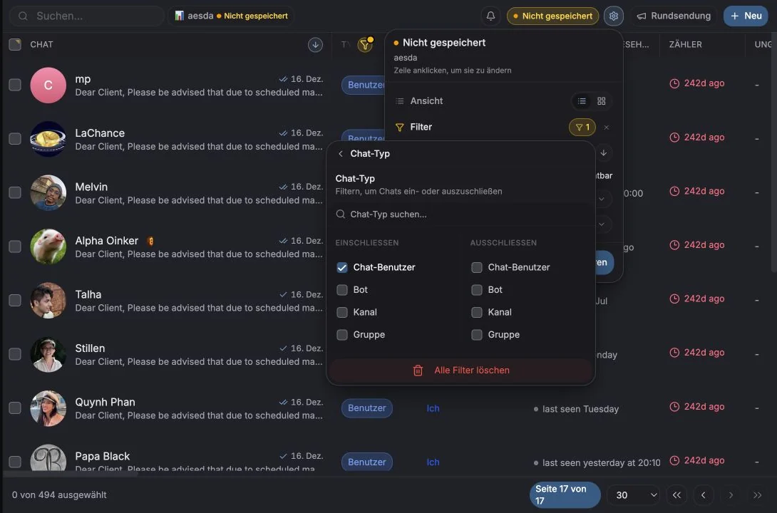 Filter Chat-Typ, konfiguriert für private Unterhaltungen vom Typ Chat-Benutzer