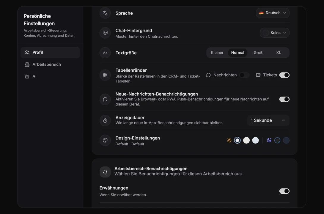 Persönliche Einstellungen für Sprache, Textgröße, Tabellenrahmen, Benachrichtigungen und Theme