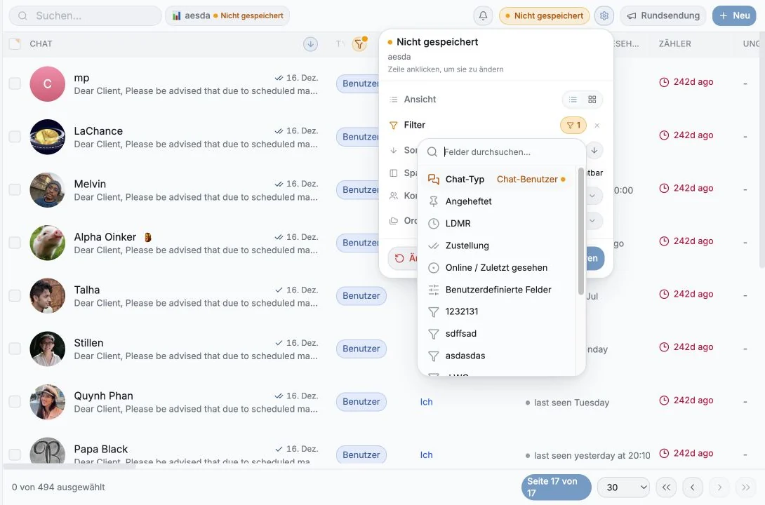 Menü Filter hinzufügen mit den verfügbaren CRM-Filtergruppen