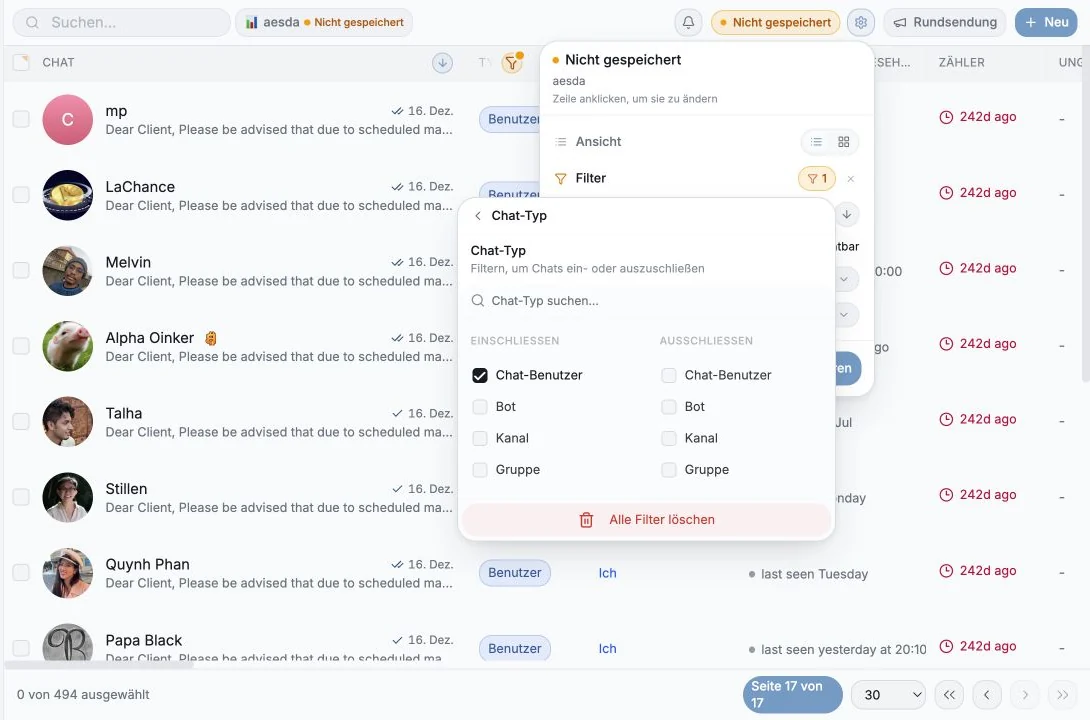 Filter Chat-Typ, konfiguriert für private Unterhaltungen vom Typ Chat-Benutzer