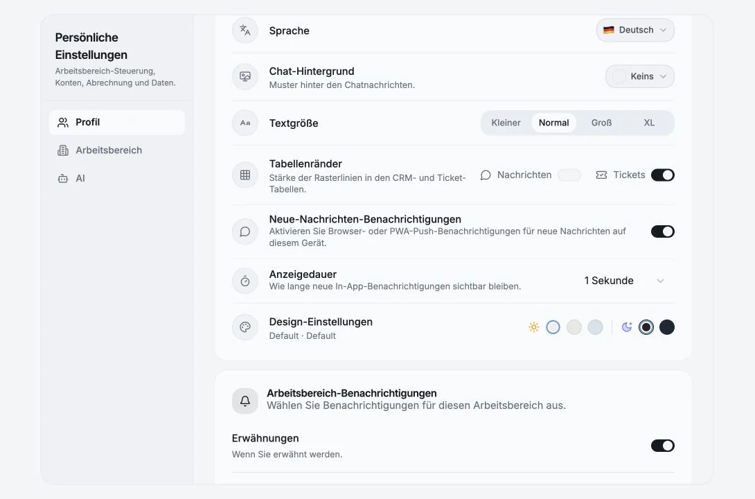 Persönliche Einstellungen für Sprache, Textgröße, Tabellenrahmen, Benachrichtigungen und Theme