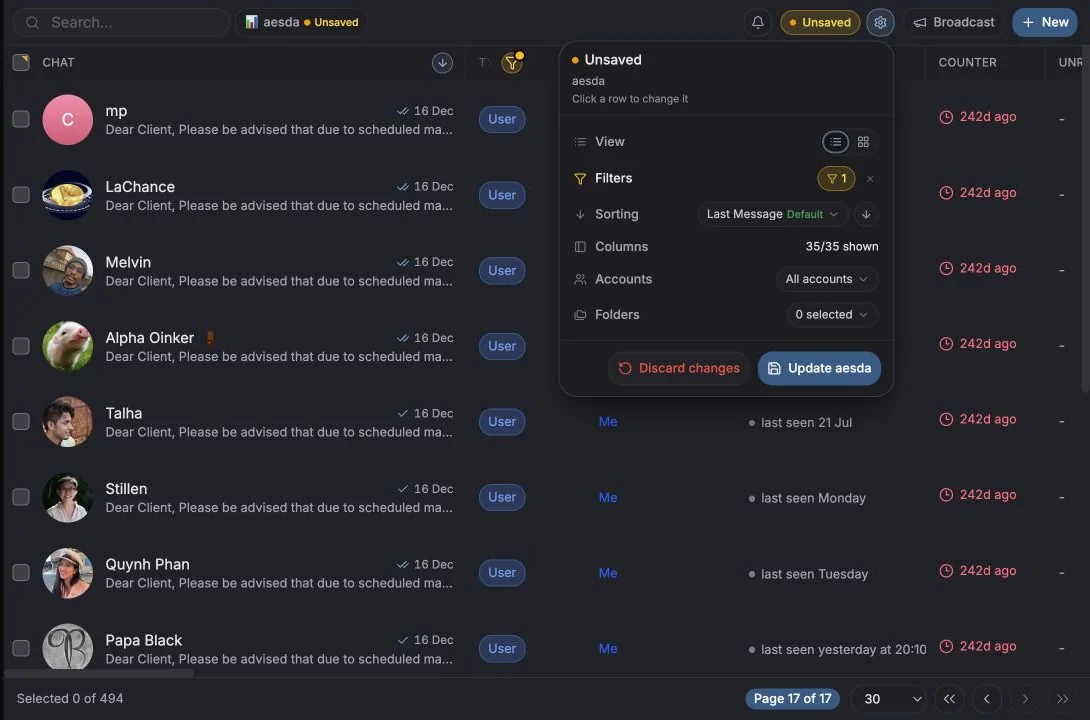 Saved Views menu open over the Messages table