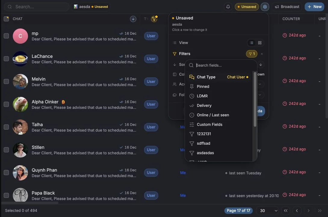 Add Filter menu showing the available CRM filter groups