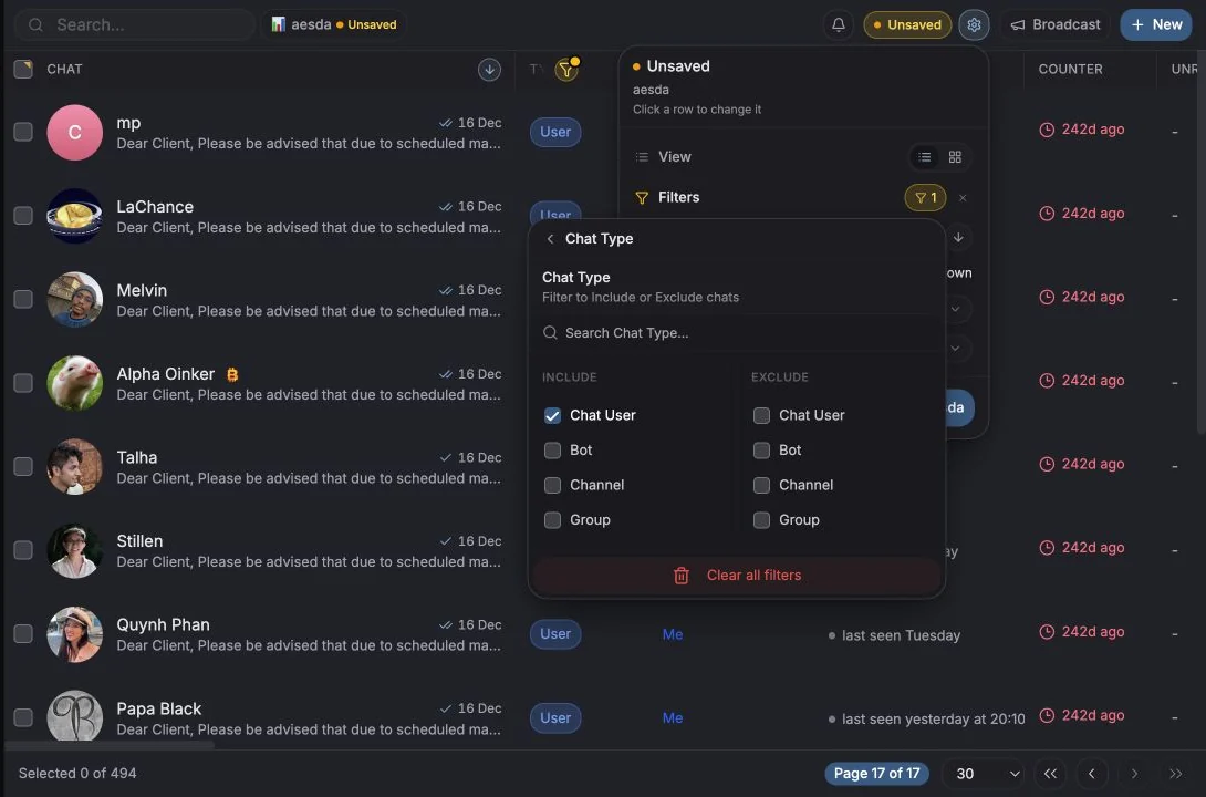 Chat Type filter configured to include private Chat User conversations