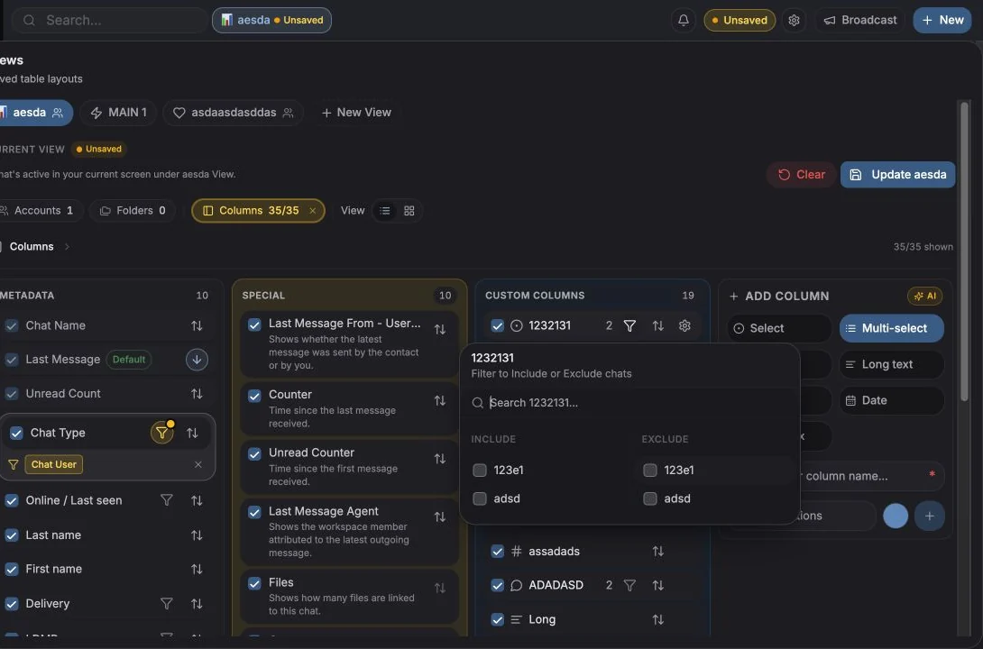 CRM custom-column configuration with built-in and custom fields
