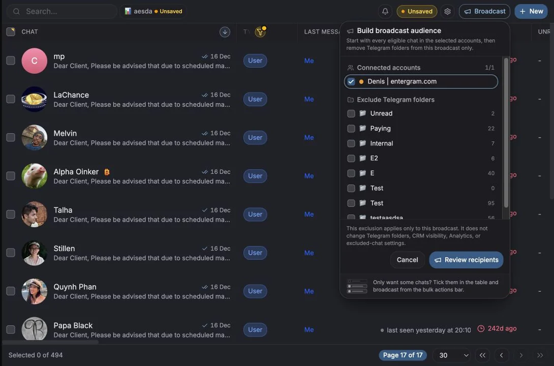 Broadcast audience builder with a demo account and Telegram folder exclusions