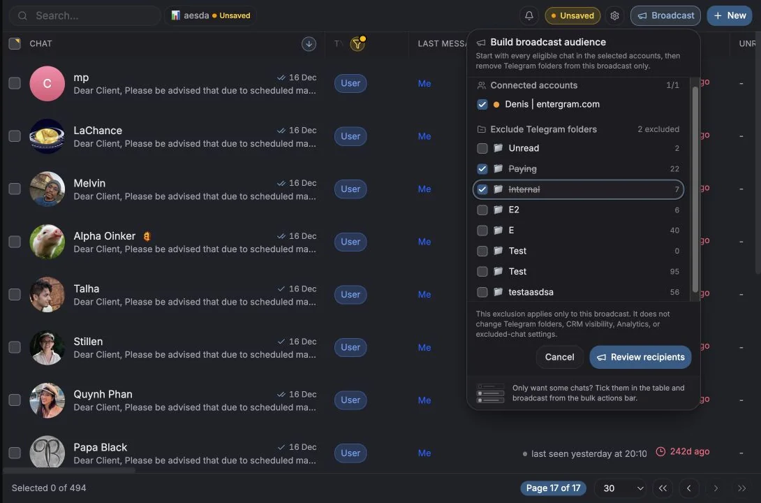 Broadcast targeting controls showing excluded Telegram folders