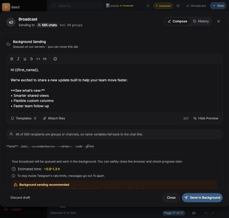 Broadcast review state with estimated time and background-send warning