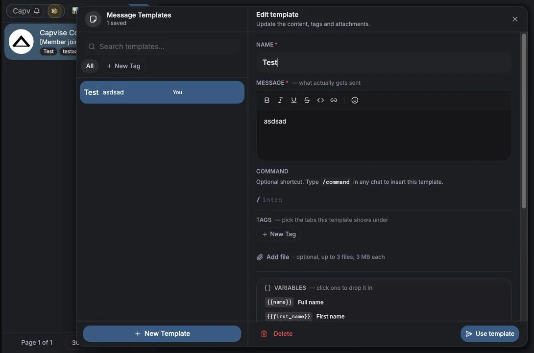 Response template picker opened from the chat composer