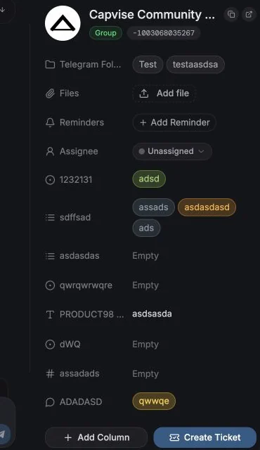 Chat Details side panel with folders, files, reminders, assignment, and custom fields