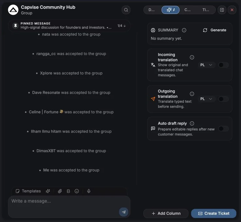 Per-chat AI panel with summary and translation controls