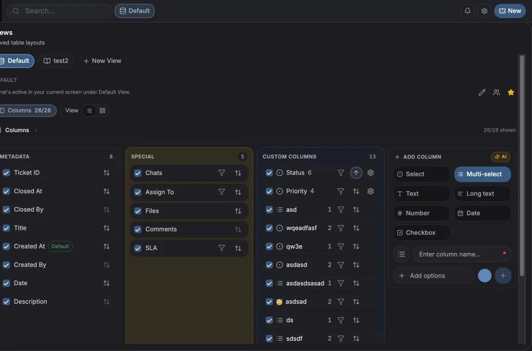 Ticket columns and sorting configuration open over the ticket table