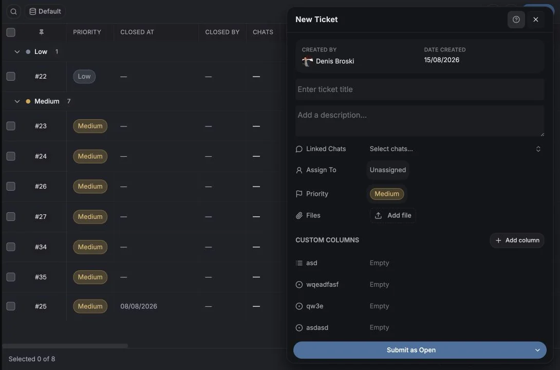 New Ticket form with title, description, priority, assignment, dates, and custom fields