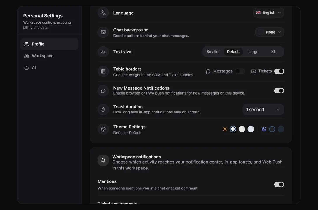 Personal settings for language, text size, table borders, notifications, and theme