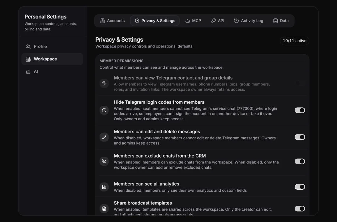 Workspace privacy and permission settings with member-access toggles