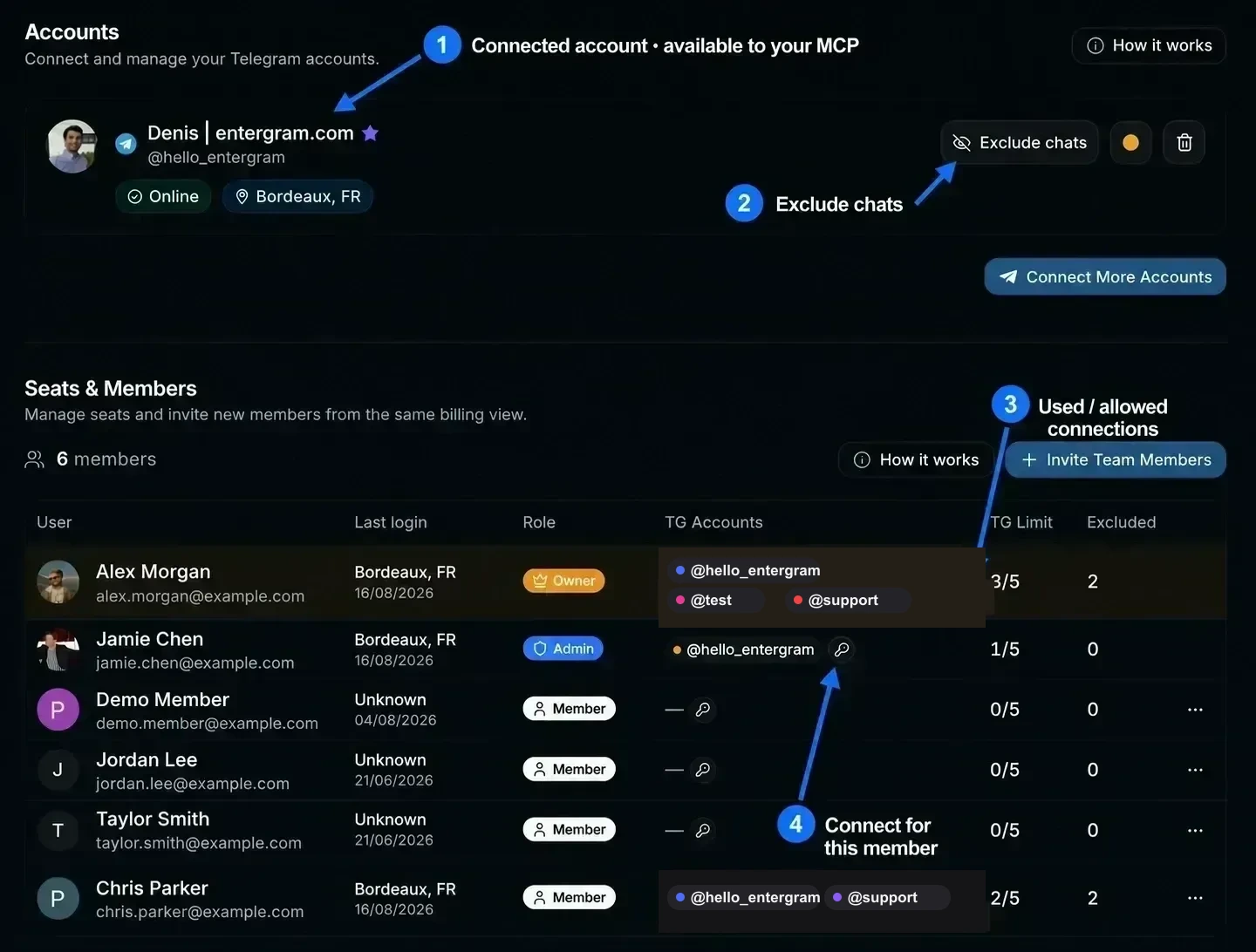 Annotated Accounts and Seats & Members settings showing MCP account scope, excluded chats, Telegram limits, and the connect-for-member key