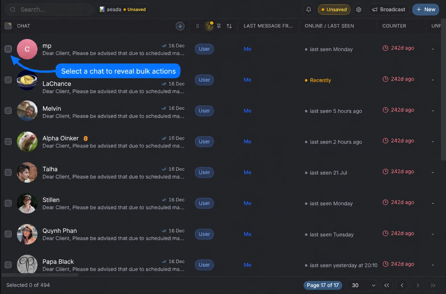 Messages table with an arrow pointing to a chat checkbox that reveals bulk actions