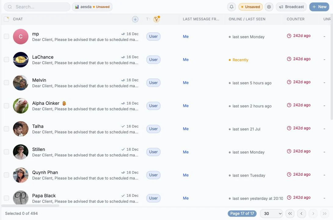 Entergram Messages workspace showing a privacy-safe private-chat table