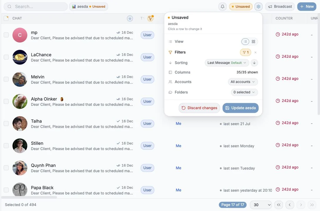 Entergram saved view menu showing filters, sorting, columns, accounts and folders