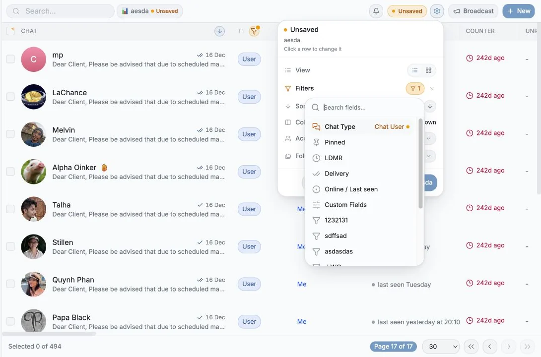 Add Filter menu showing the available CRM filter groups