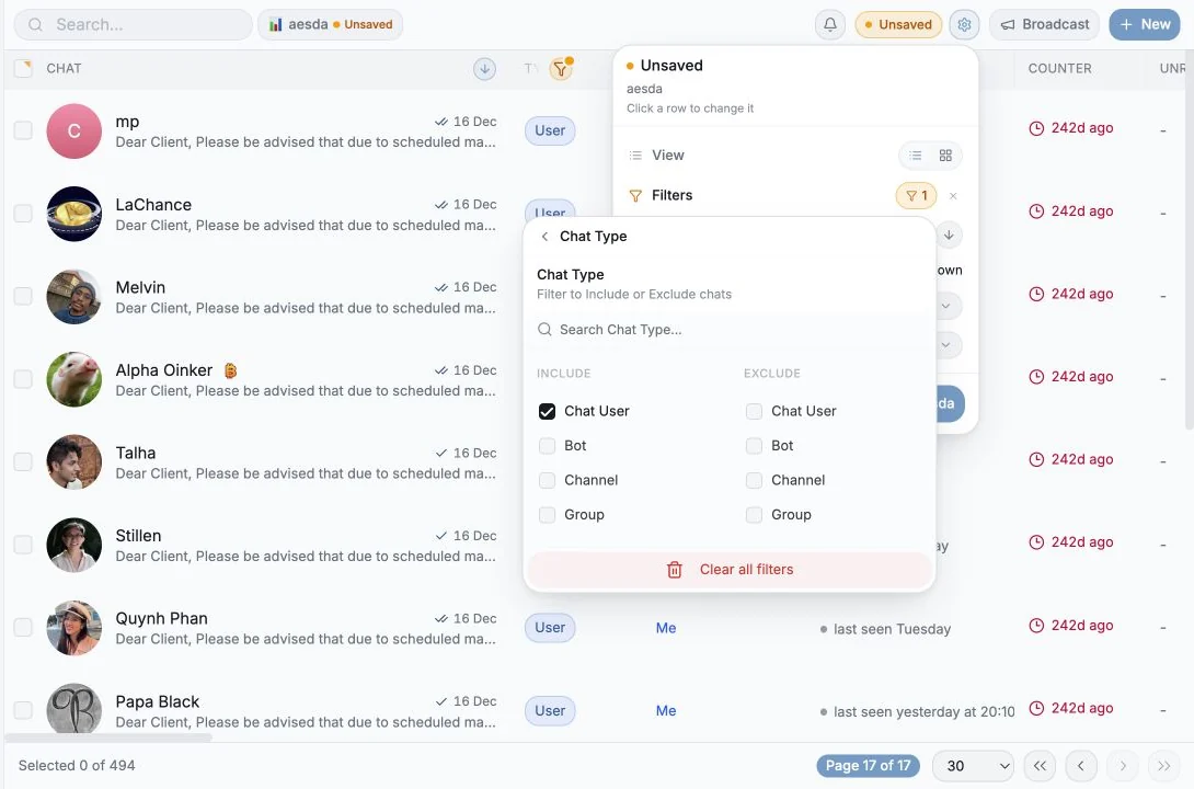 Chat Type filter configured to include private Chat User conversations