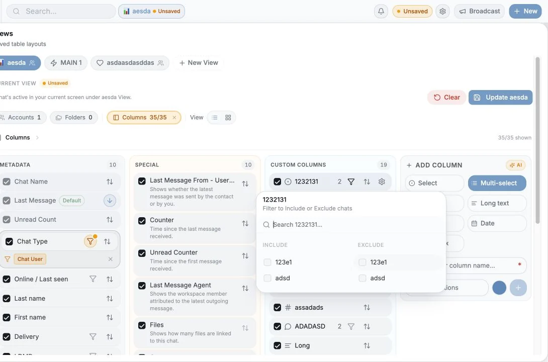 CRM custom-column configuration with built-in and custom fields