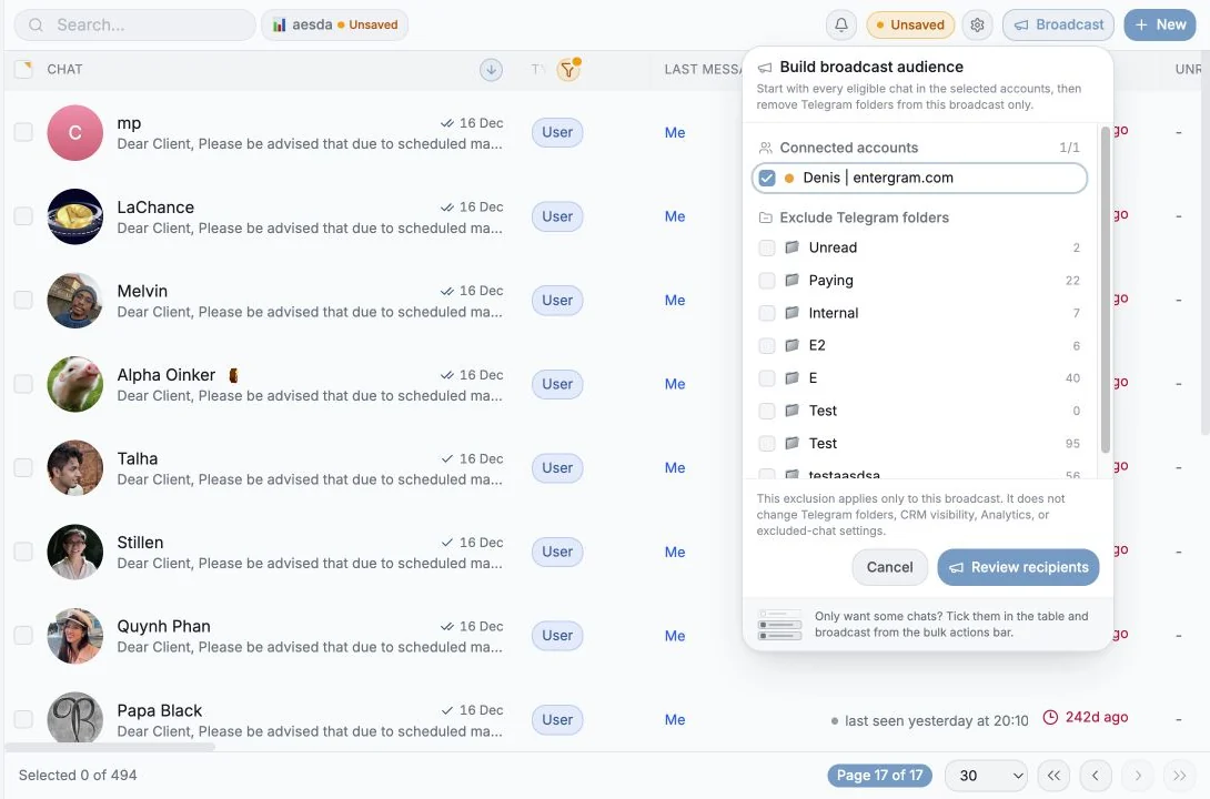 Broadcast audience builder with a demo account and Telegram folder exclusions