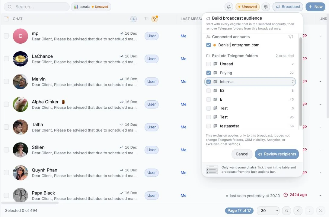 Broadcast targeting controls showing excluded Telegram folders