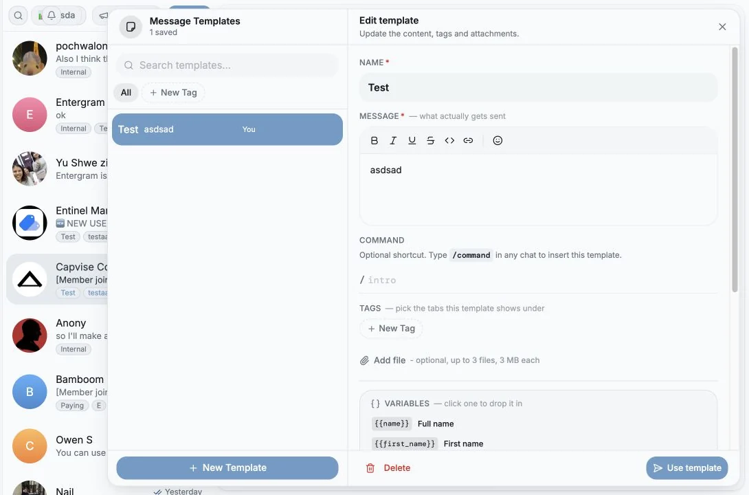 Response template picker opened from the chat composer
