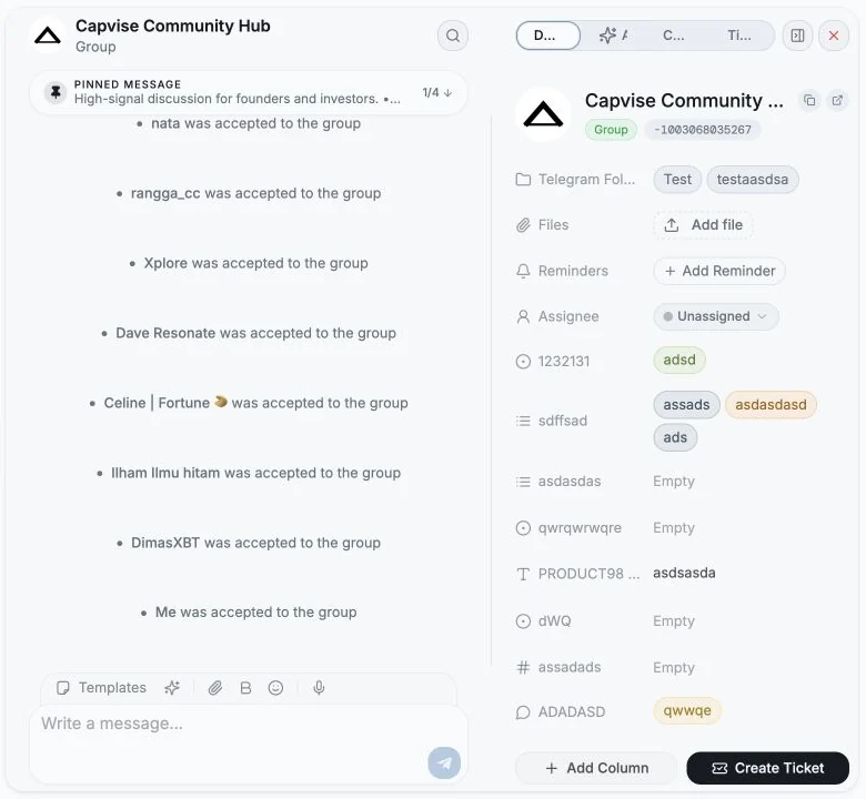 Chat Details side panel with folders, files, reminders, assignment, and custom fields