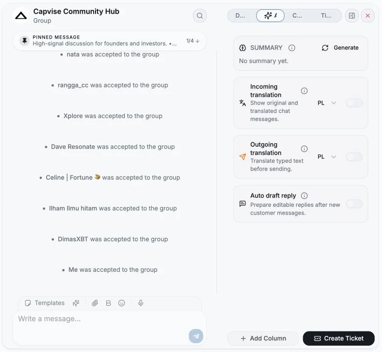 Per-chat AI panel with summary and translation controls