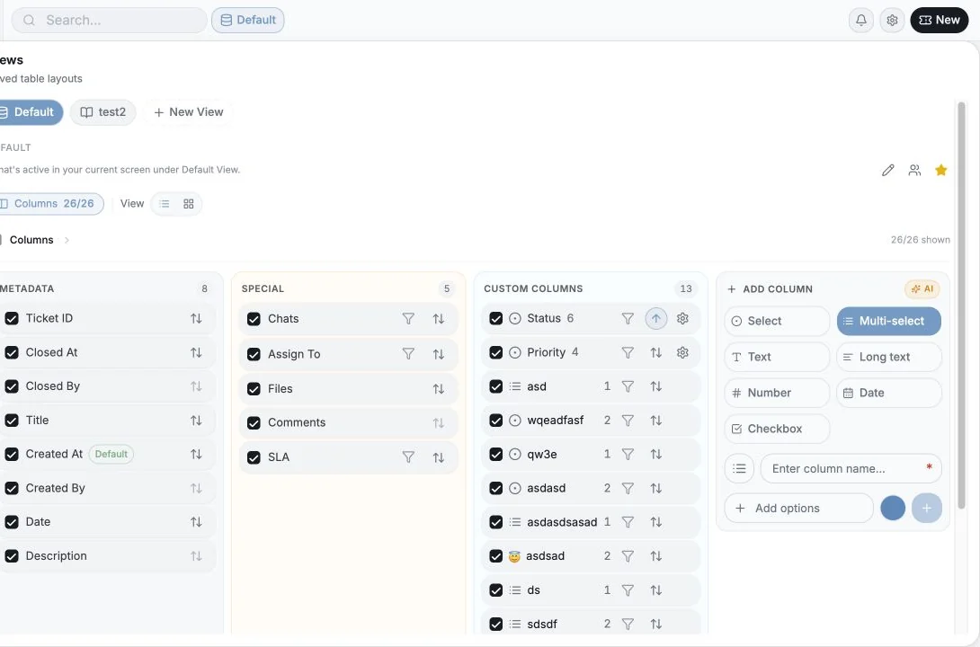 Ticket columns and sorting configuration open over the ticket table