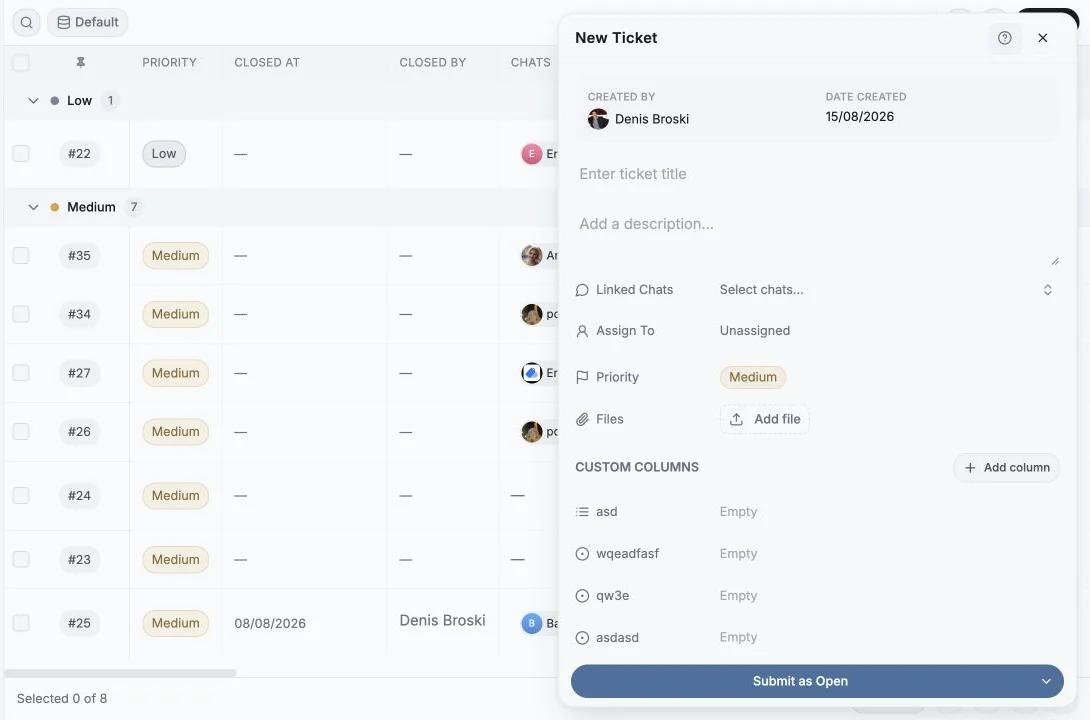Entergram New Ticket form with title, linked chats, assignment, priority and custom fields