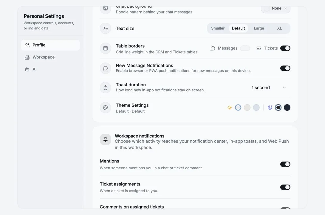Personal settings for language, text size, table borders, notifications, and theme